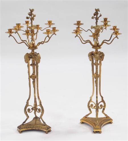 Appraisal: A pair of gilt brass nine-light candelabra circa In the