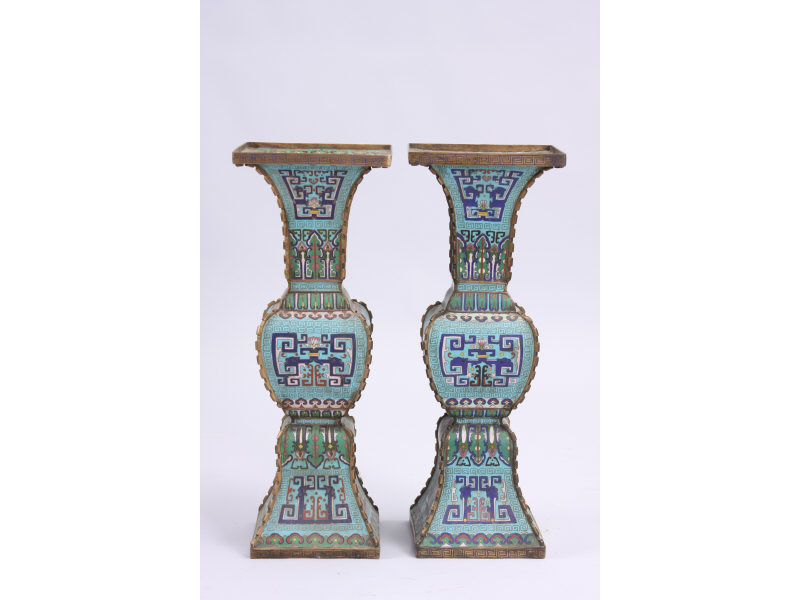 Appraisal: Pair of Antique Chinese Cloisonne Temple Vases square mouth and