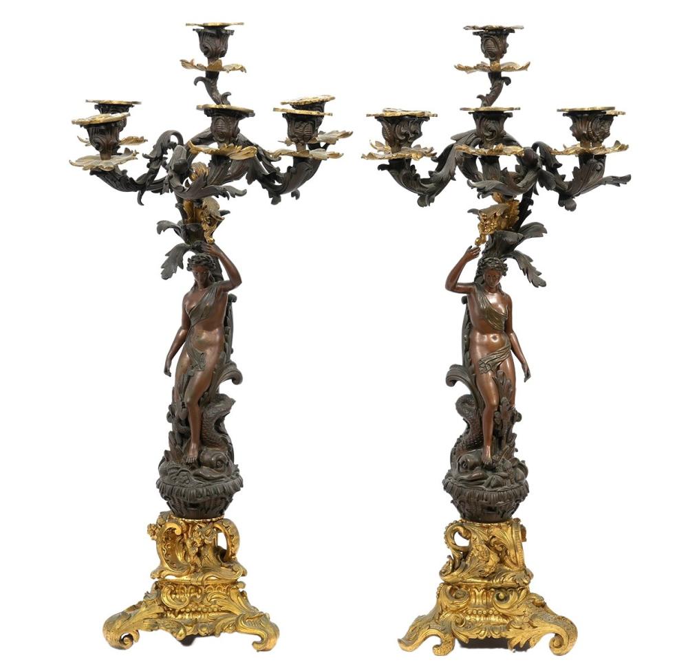 Appraisal: PR FRENCH PATINATED DORE BRONZE CANDELABRASPair of figural candelabras with