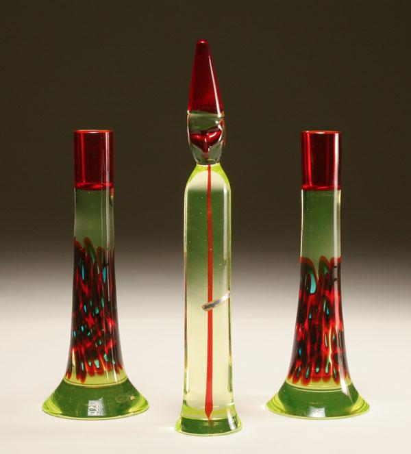 Appraisal: Cenedese Murrina glass clown and candlesticks Fluorescent green bodies internally