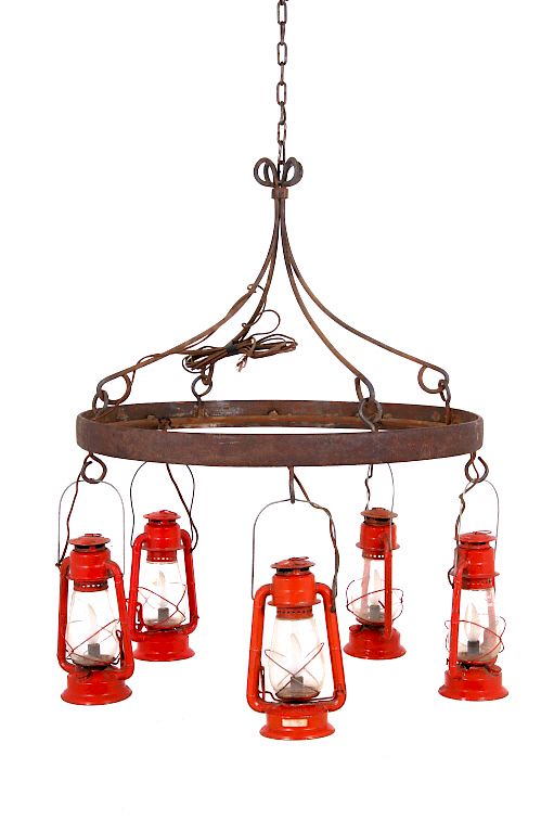 Appraisal: Rustic Steel Wagon Tire Dietz Lantern Chandelier For your bidding