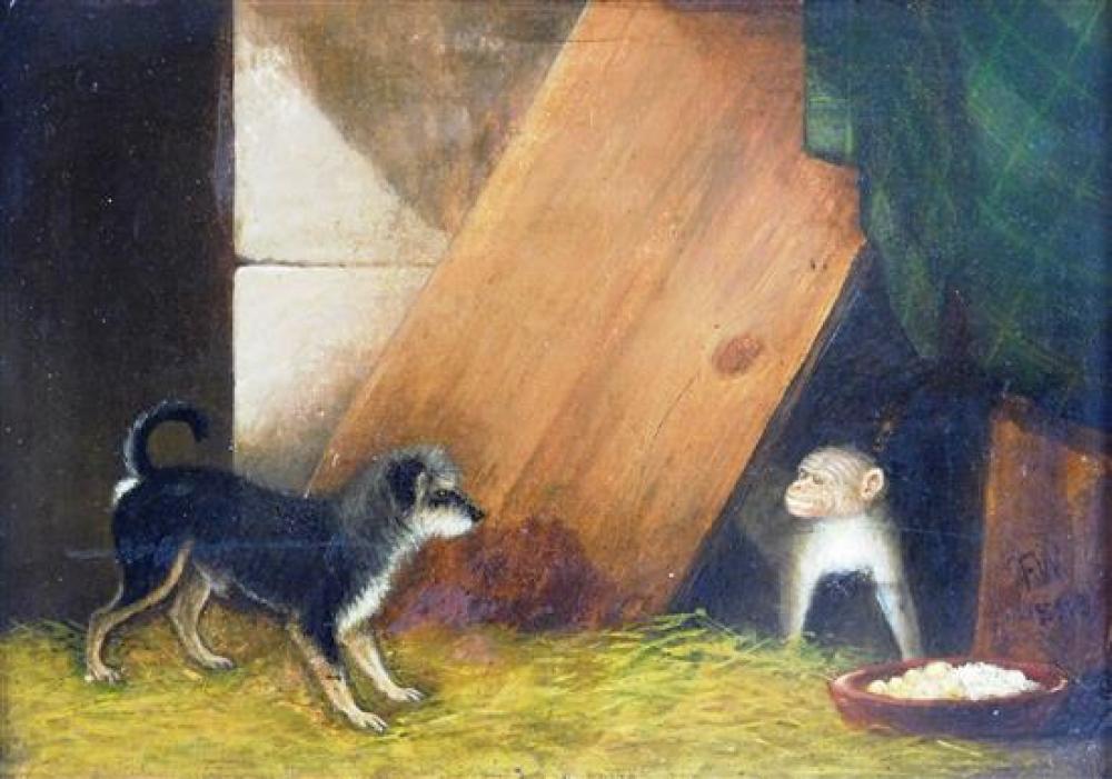 Appraisal: C oil on artist board dog and monkey in stable