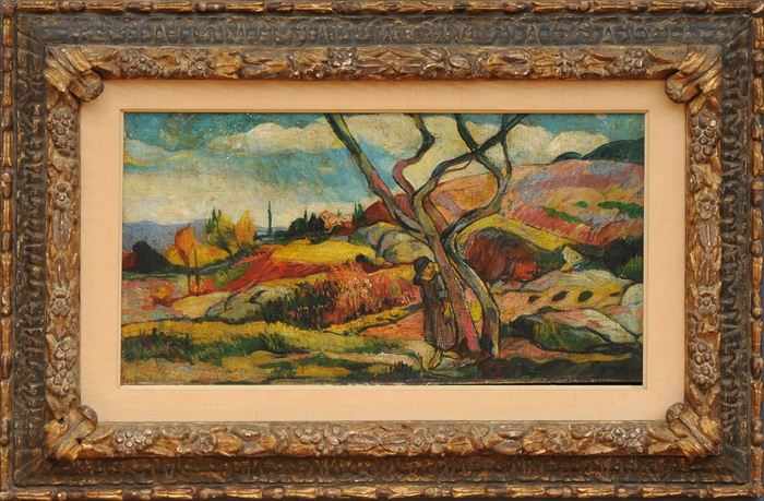 Appraisal: EUROPEAN SCHOOL LANDSCAPE WITH GIRLS PEEKING BEHIND TREE Oil on