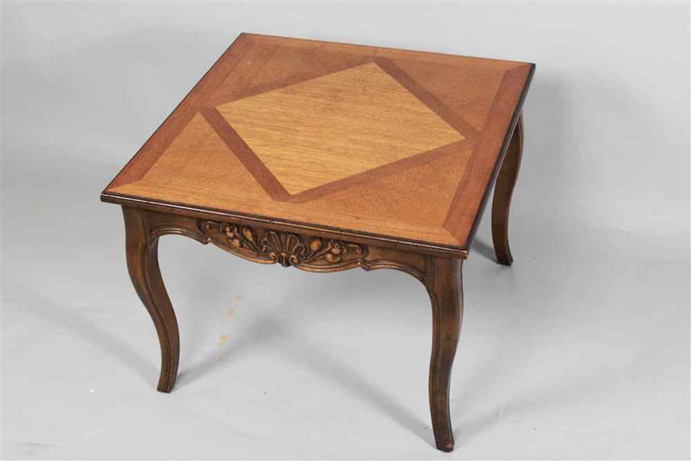 Appraisal: FRENCH PROVINCIAL STYLE DIAMOND VENEERED MIXED WOODS SIDE TABLE the