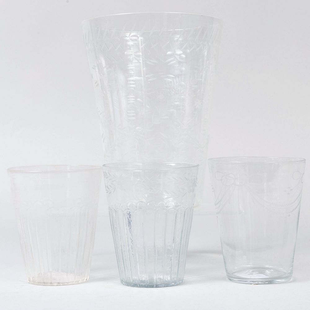 Appraisal: Four Engraved Soda Glass Beaker Vases Probably Dutch or German