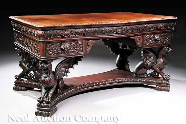 Appraisal: An American Highly Carved Mahogany Partner's Desk c attributed to