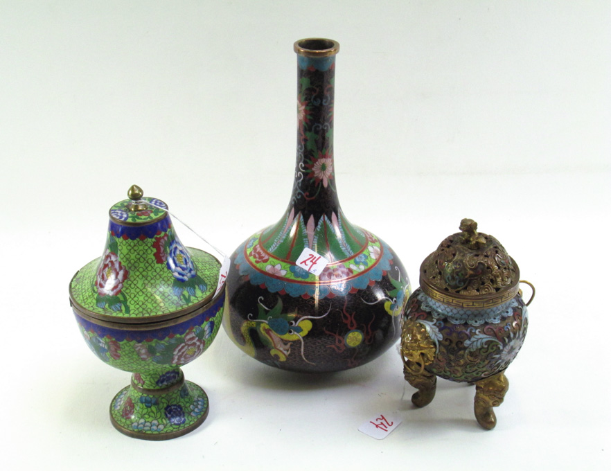 Appraisal: THREE CHINESE CLOISONNE VESSELS open work cloisonne censer tri footed