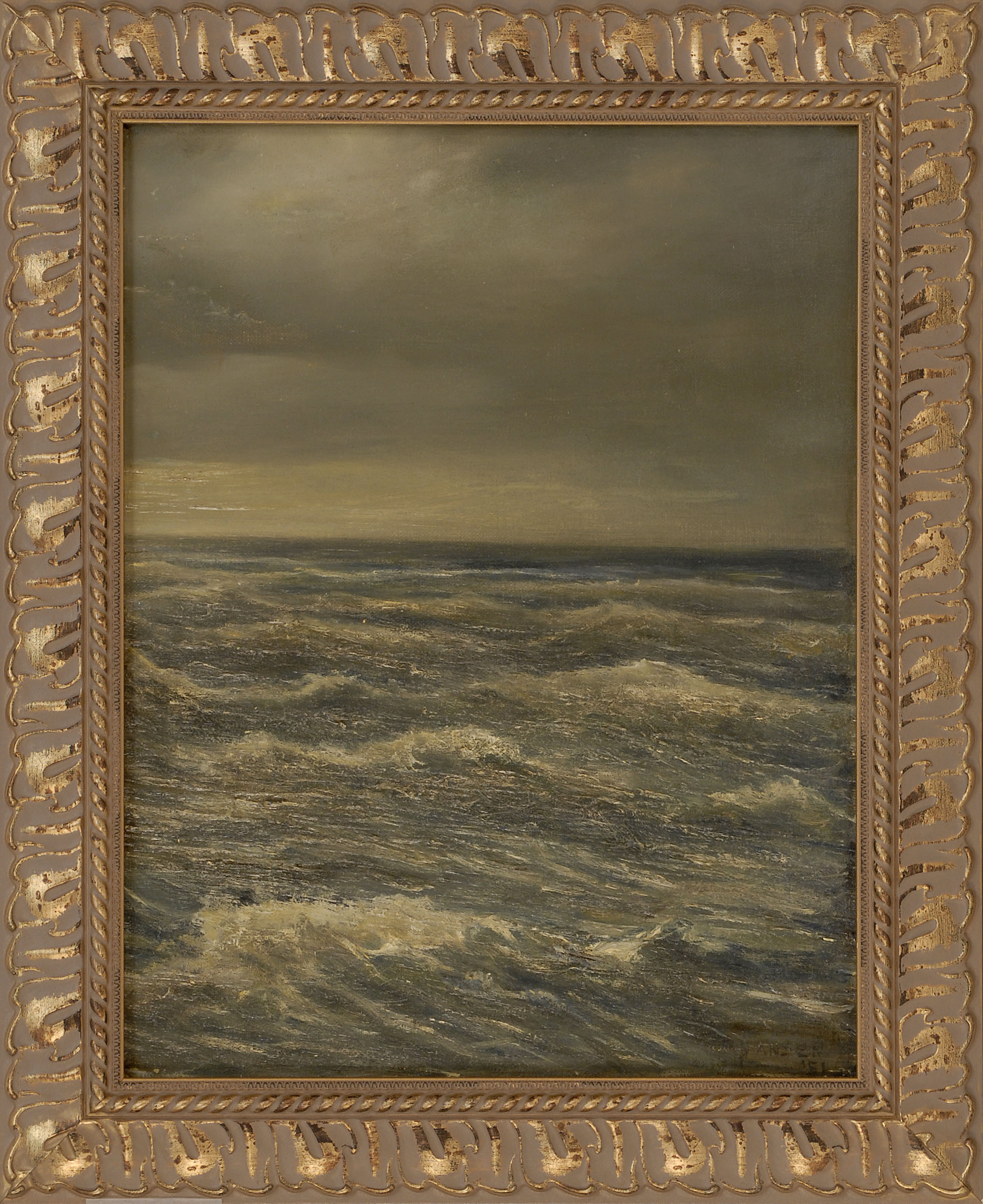 Appraisal: FRAMED PAINTING UNTRACED ARTIST Circa Moody seascape Signed lower right