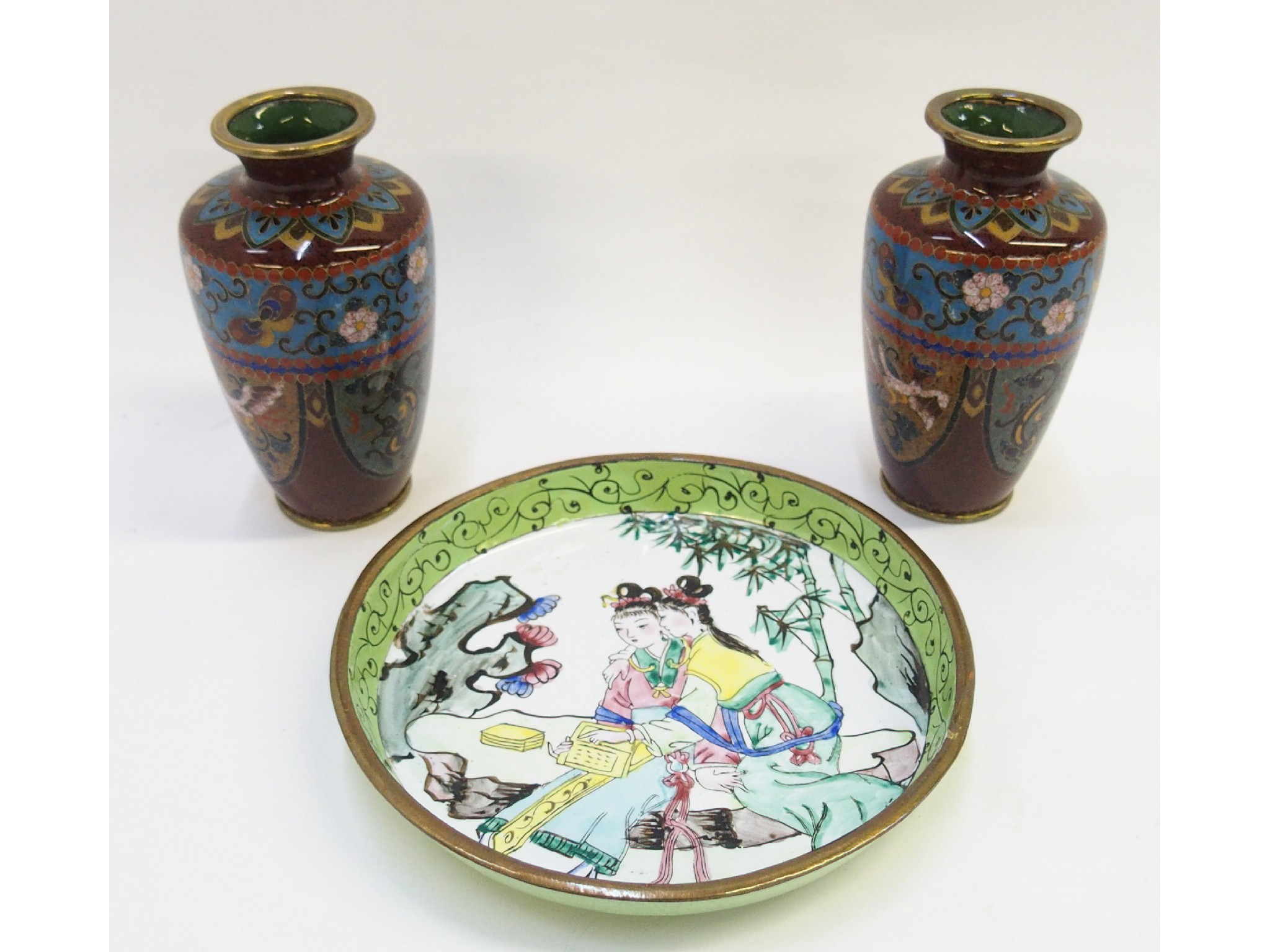 Appraisal: Pair of miniature cloisonne vases a Japanese enamelled pin dish