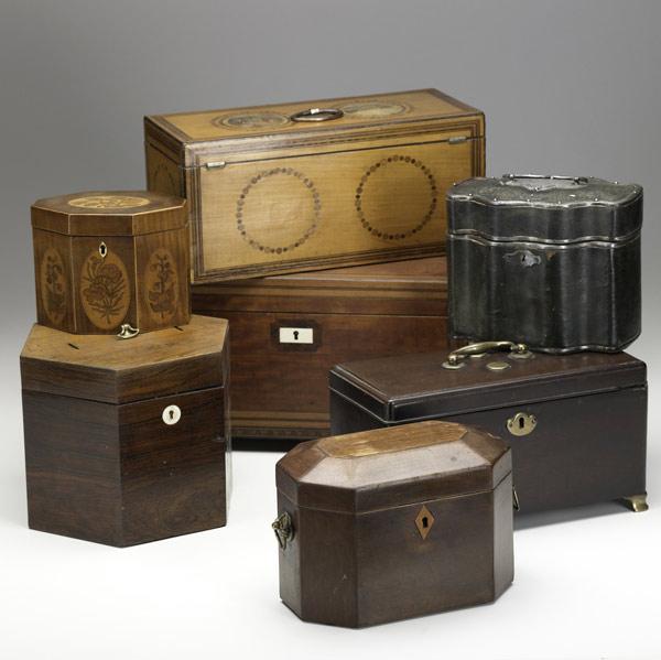 Appraisal: ENGLISH BOXES Seven assorted boxes include tea caddies and document