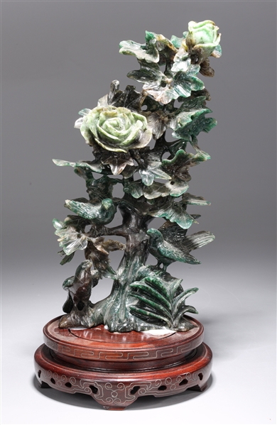 Appraisal: Chinese carved Honan jade bird and floral group depicting a