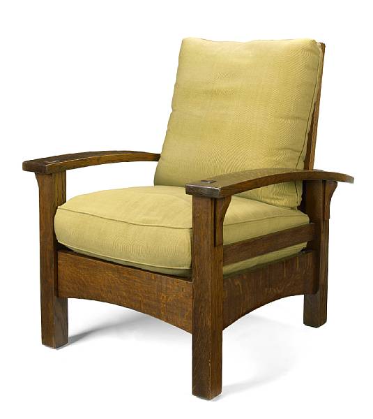 Appraisal: A Gustav Stickley oak bow arm Morris chair model early