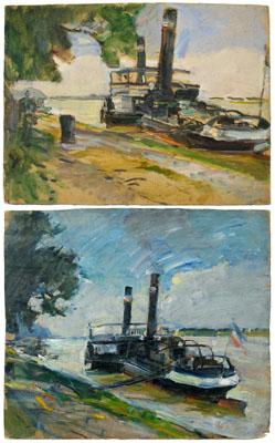 Appraisal: Two French paintings both with steamboats on a river unsigned