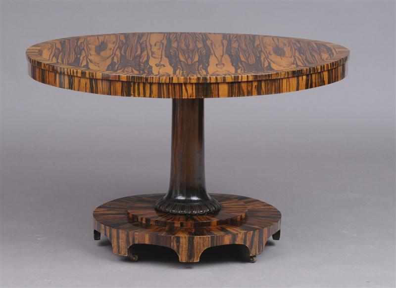 Appraisal: REGENCY INLAID CALAMANDER WOOD CENTER TABLE The cross-banded tilting top