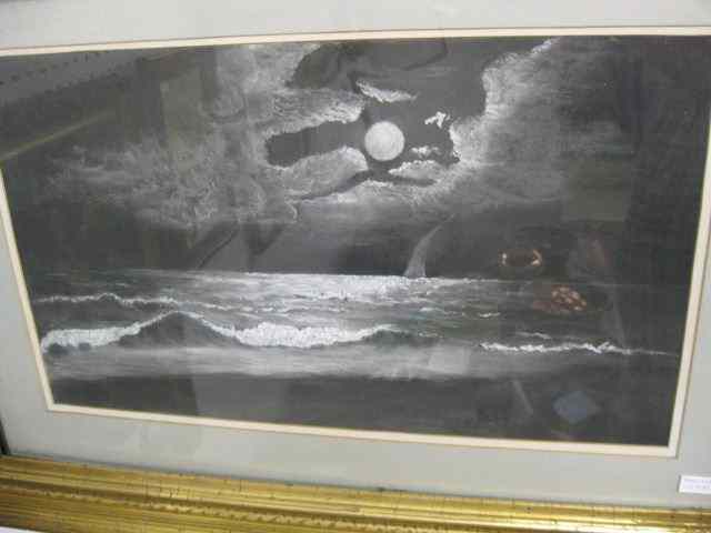 Appraisal: Chalkware Drawing Sailboat at Moonlight image area '' x ''