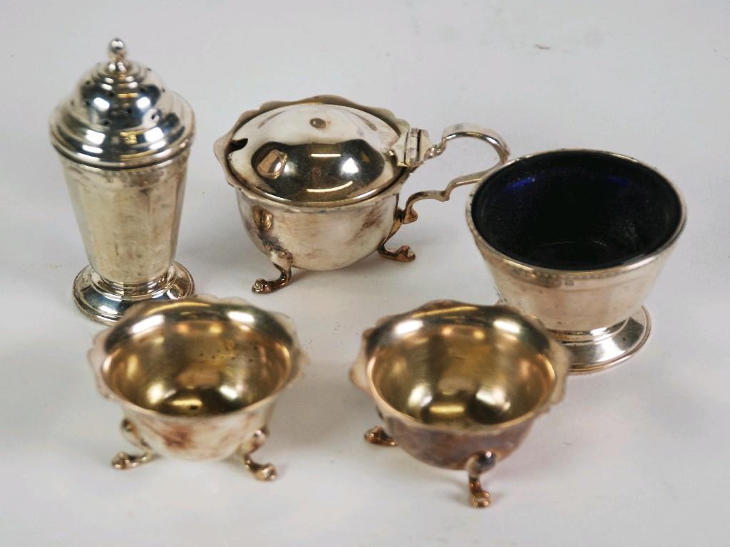 Appraisal: EDWARD VII THREE PIECE CONDIMENT SET circular with cyma border