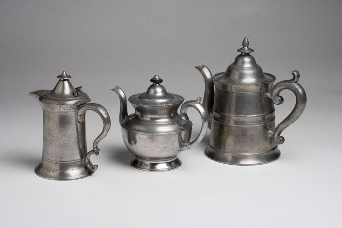 Appraisal: THREE AMERICAN PEWTER TABLEWARES NINETEENTH CENTURY Including a teapot marked