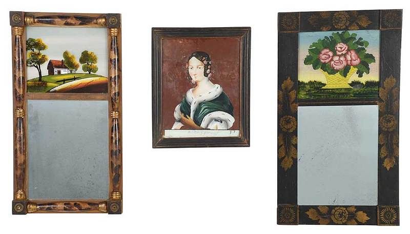 Appraisal: Two Reverse Painted Mirrors Portrait of Lady American th century