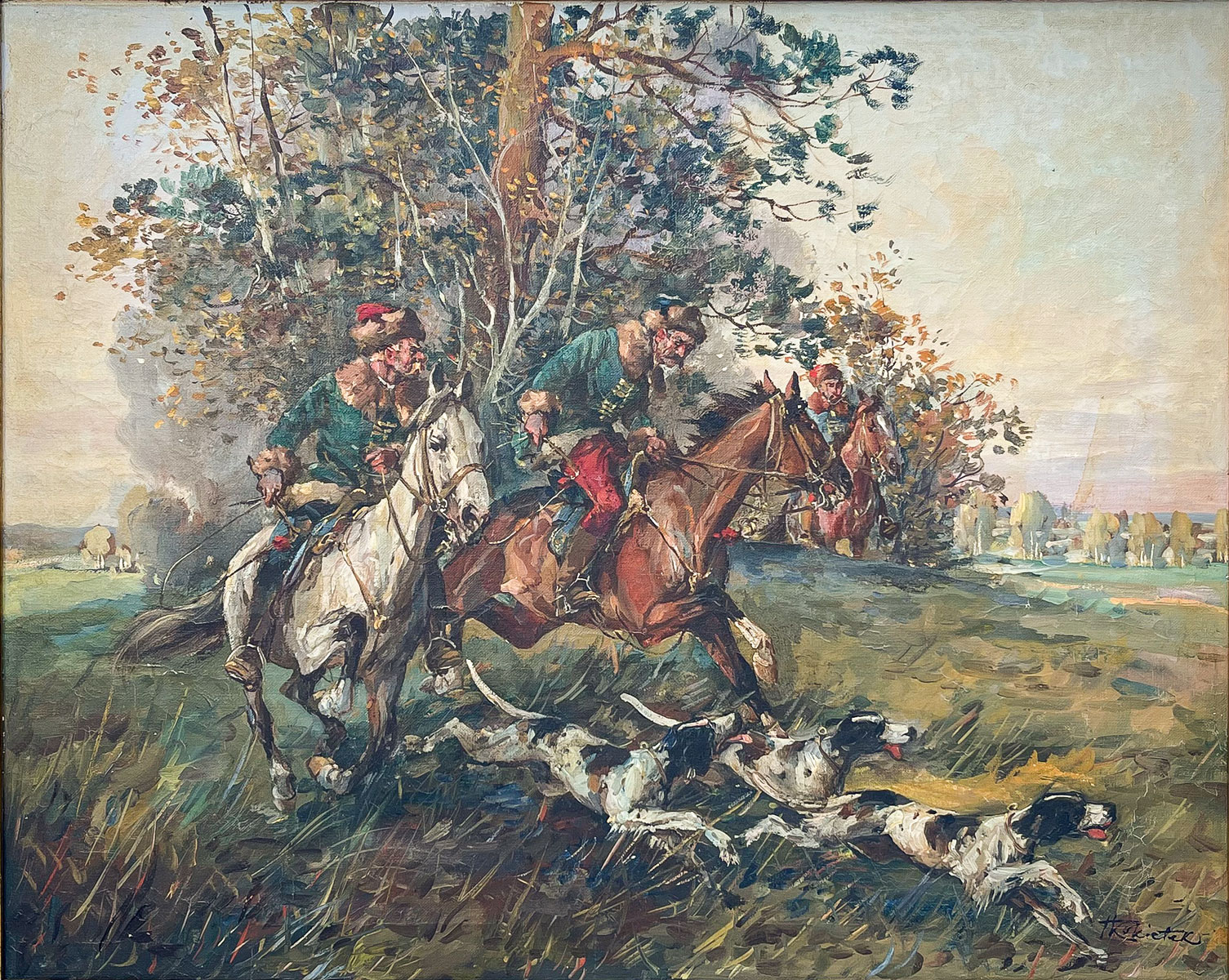 Appraisal: DRAMATIC POLISH HUNT SCENE PAINTING ILLEGIBLY SIGNED Scene depicts Cossacks