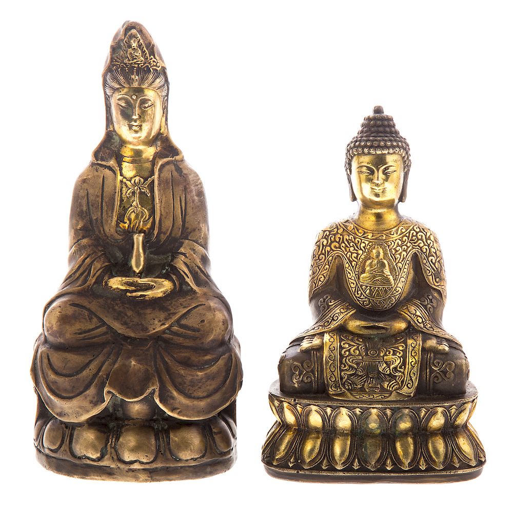 Appraisal: Chinese gilt bronze Buddha and Bodhisattva each figure seated on