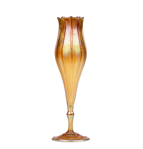 Appraisal: TIFFANY STUDIOS Gold Favrile ribbed floriform pedestal vase L L