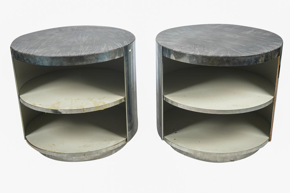 Appraisal: PAIR OF CYLINDRICAL END TABLESwith metallic finish and faux stone