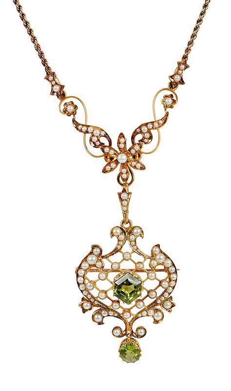 Appraisal: Antique Gold Peridot and Pearl Necklace hexagon shaped peridot approx