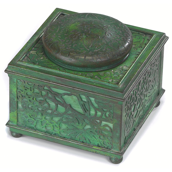 Appraisal: Tiffany Studios inkwell bronze in the grapevine pattern over green