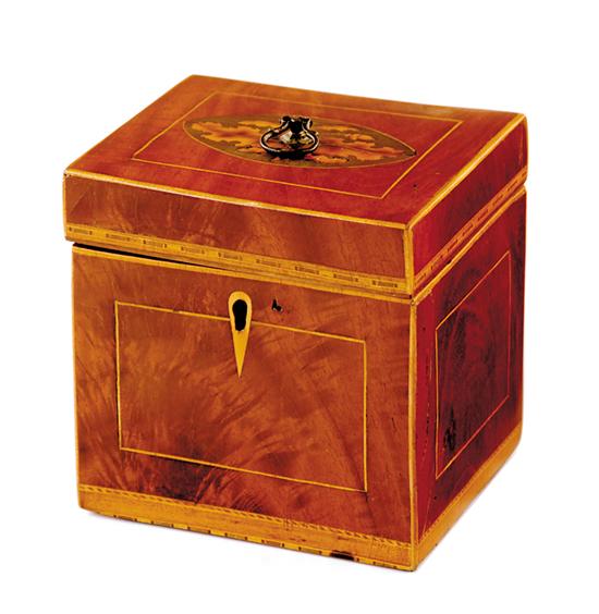 Appraisal: English inlaid satinwood tea caddy th century oak leaf inlaid