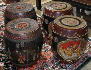 Appraisal: Four Chinese Storage Containers lot of Chinese lacquered storage barrels