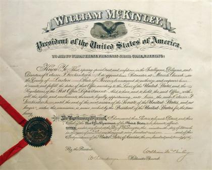 Appraisal: piece Document Signed McKinley William Washington D C March Folio