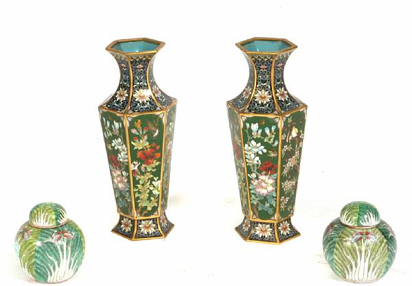 Appraisal: A pair of Chinese hexagonal cloisonne vases together with two