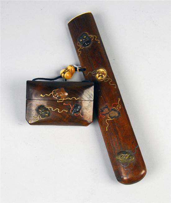 Appraisal: JAPANESE WOOD PIPE CASE WITH WOOD PURSE AND IVORY MASK