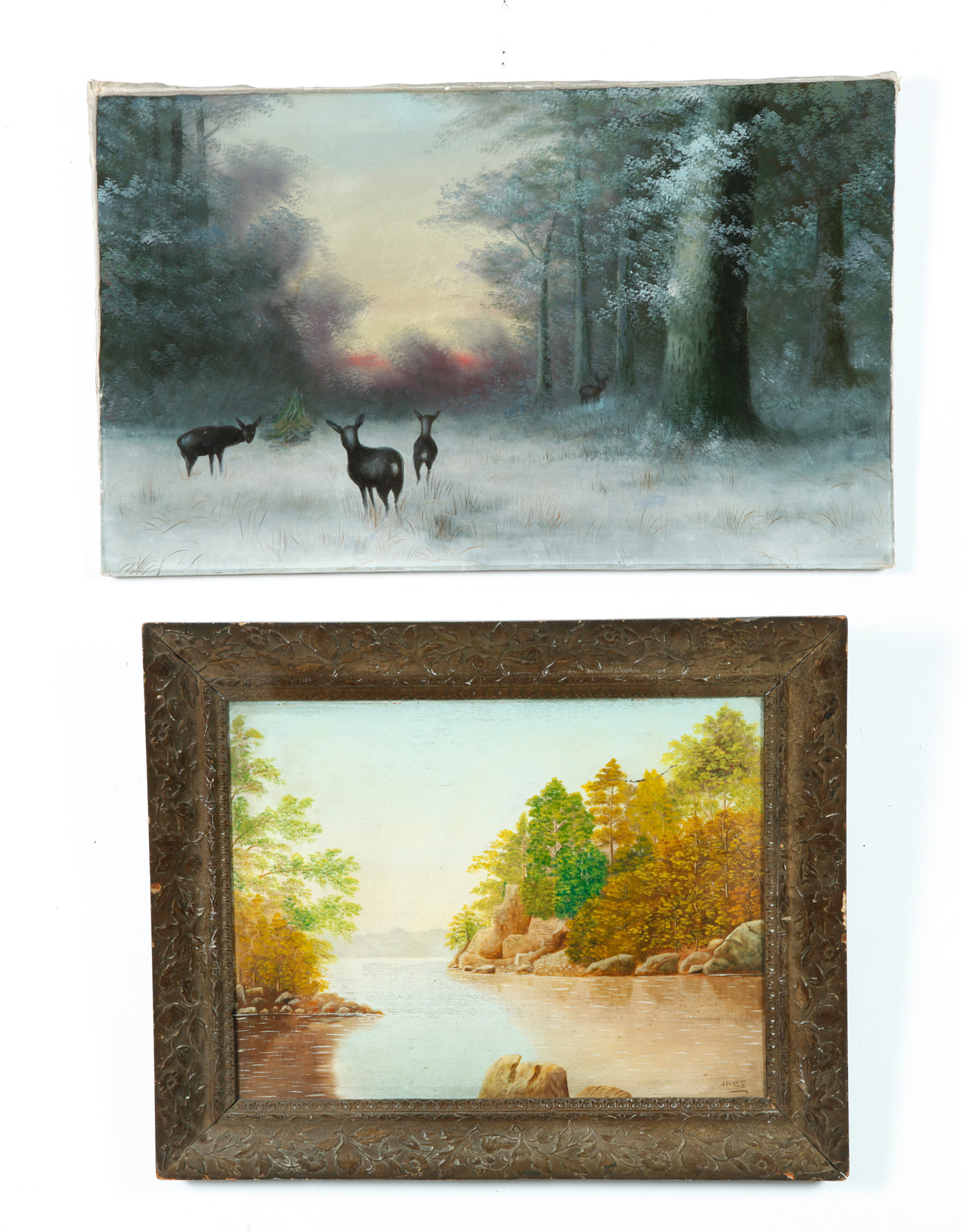 Appraisal: TWO LANDSCAPES WITH ANIMALS AMERICAN TH CENTURY Oils on canvas