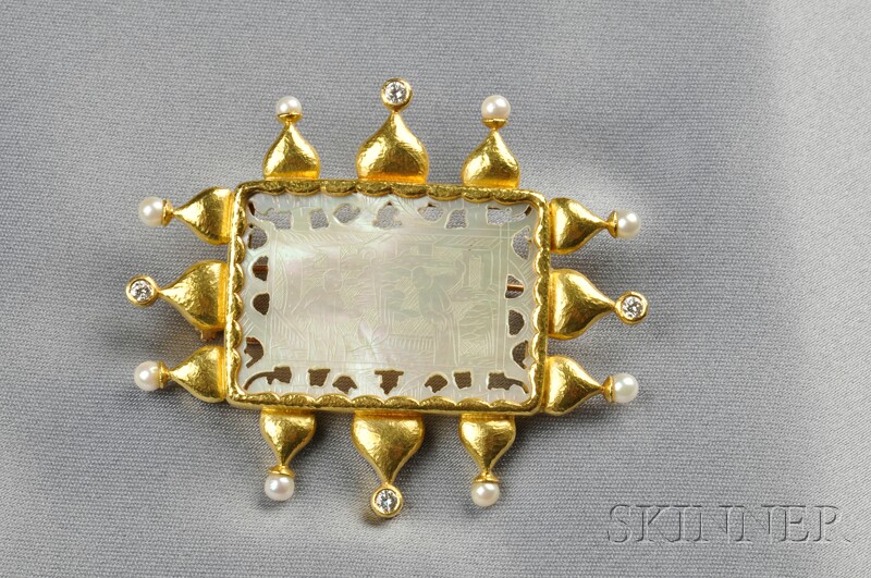 Appraisal: kt Gold and Mother-of-pearl Scenic Pendant Brooch Elizabeth Locke the