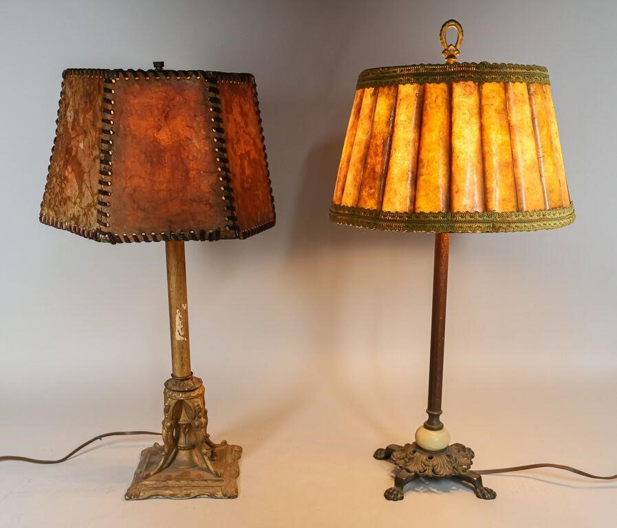 Appraisal: METAL TABLE LAMPS WITH MICA SHADES figural painted metal table