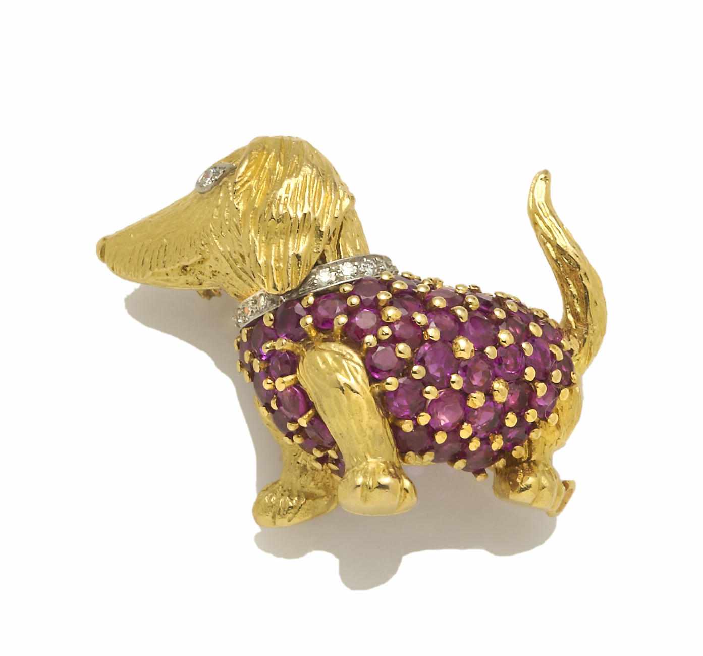 Appraisal: A ruby and diamond dachshund brooch Tiffany Co signed Tiffany