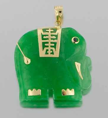 Appraisal: A Jadeite Elephant Pendant k yellow gold overlay decorations accentuate