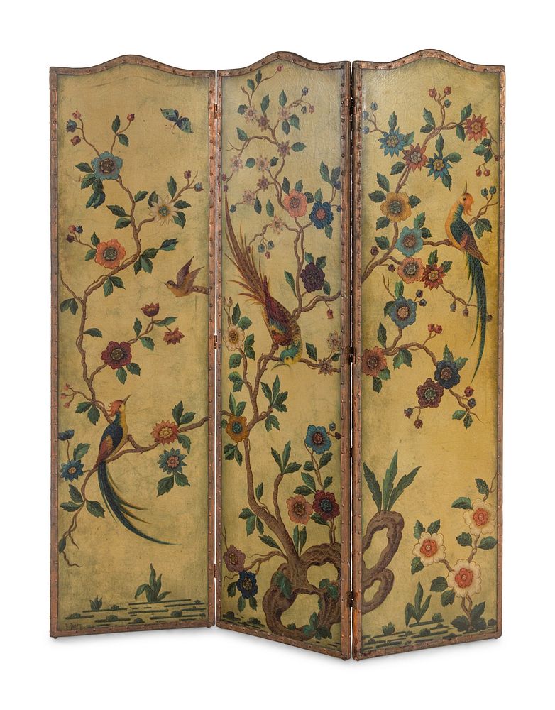 Appraisal: A Continental Painted Leather Three-Panel Floor Screen A Continental Painted