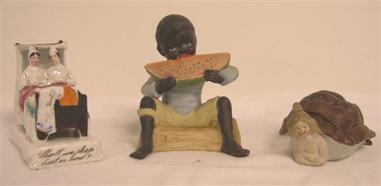 Appraisal: Whimsical porcelain figurines including a risqu bisque box modeled as