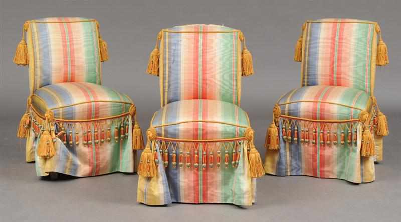 Appraisal: SET OF THREE SILK TAFFETA UPHOLSTERED SLIPPER CHAIRS Each fitted