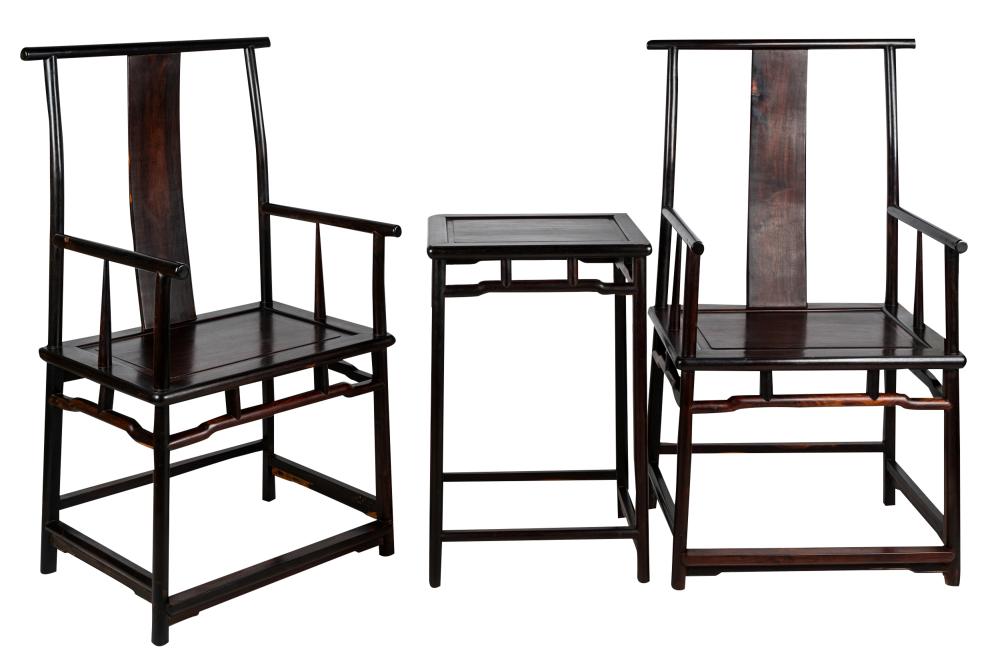 Appraisal: CHINESE HARDWOOD THREE-PIECE SUITEcomprising two open armchairs inches wide inches