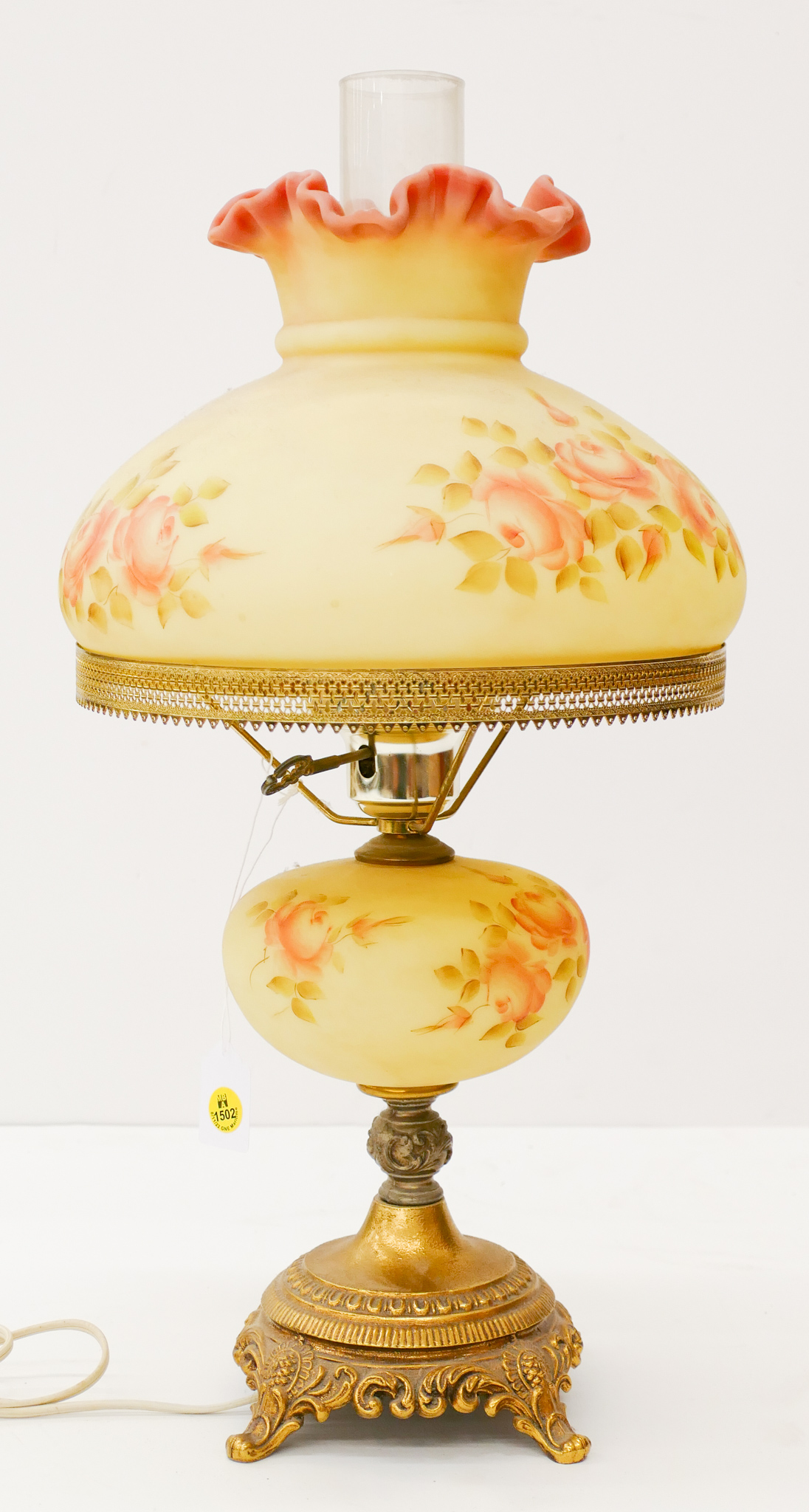 Appraisal: Fenton Floral Painted Burmese Hurricane Table Lamp - Shade As