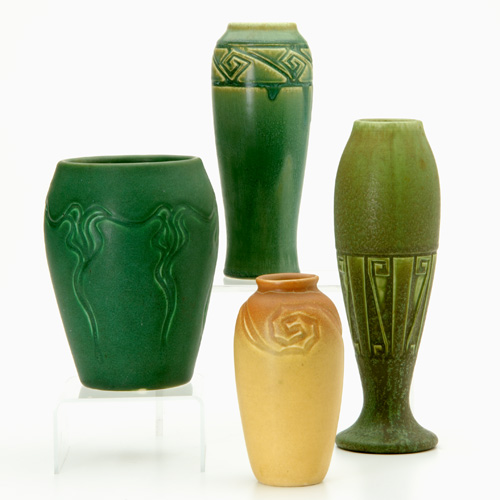 Appraisal: ROOKWOOD Four Production Z-line-type vases three green and one brown