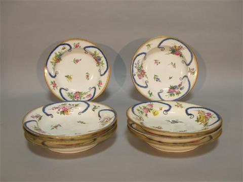 Appraisal: EIGHT SEVRES LATER-DECORATED SOUP PLATES Blue interlaced L marks each