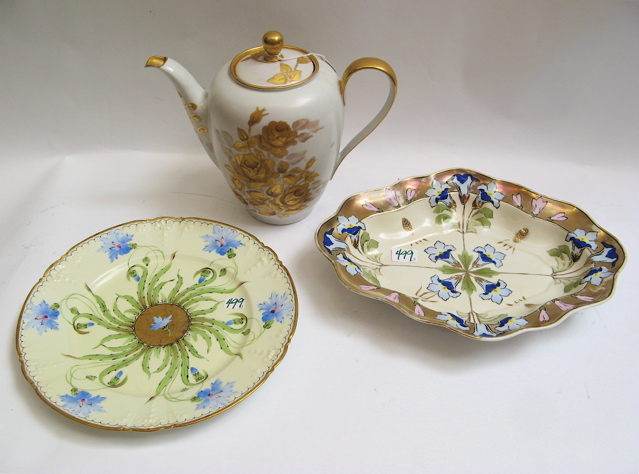 Appraisal: THREE HAND PAINTED PORCELAINS tall coffee pot gold roses on