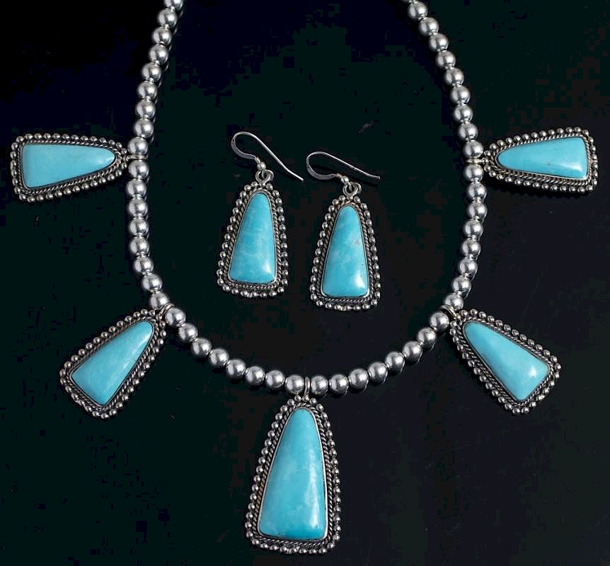 Appraisal: Navajo Style Silver Turquoise Necklace Earrings Navajo style sterling and