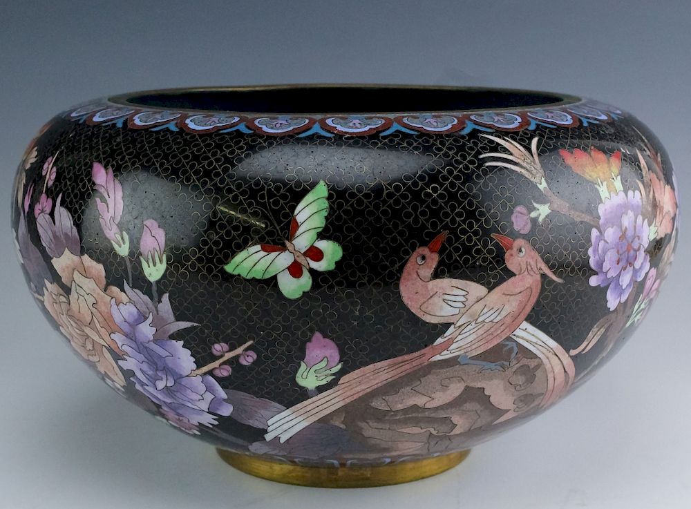 Appraisal: Large Chinese Cloisonne Bronze Floral Bird Bowl Large Chinese cloisonne