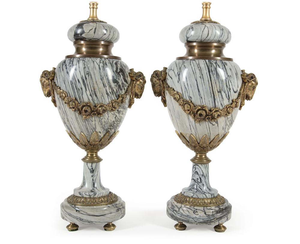 Appraisal: Pair of French Bronze-Mounted Marble Vasiform Table Lamps h to