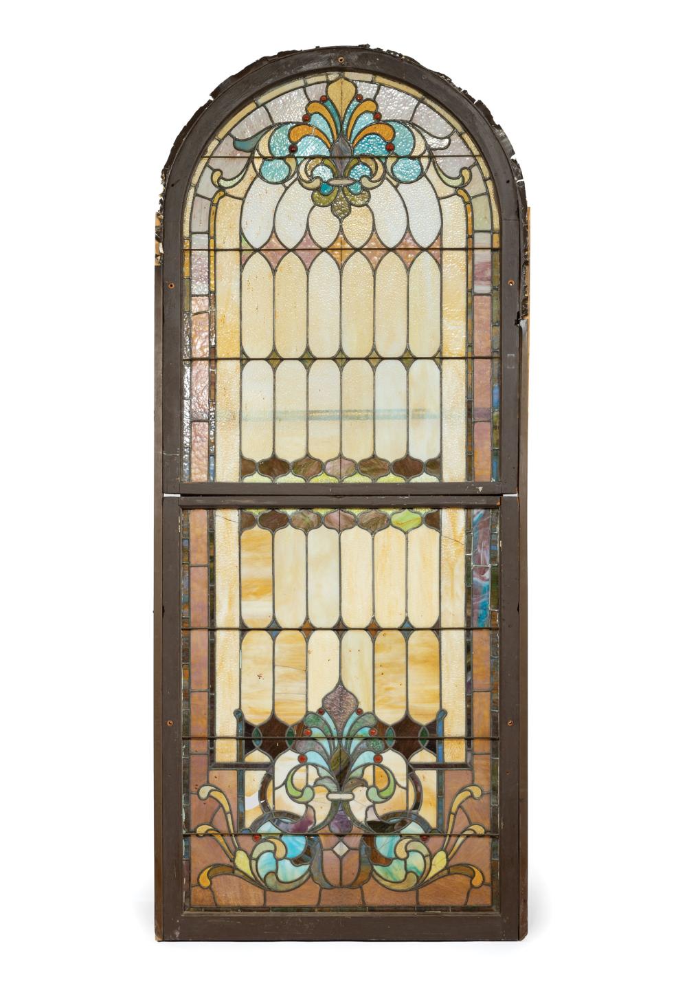 Appraisal: Nine Architectural Leaded Stained-Glass Panels th c Classical motifs cabochon